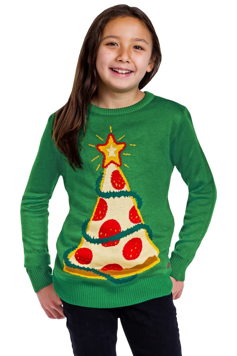 Tipsy Elves Christmas Sweaters for Kids - Children's Cute and Tacky Ugly Pullovers for Boys and Girls Youth Holiday Knitwear - Youth Green Pizza Tree Christmas Sweater Size Small - Image 4